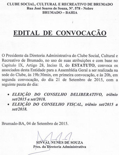 Clube Social de Brumado convoca os associados para eleição do Conselho Deliberativo e do Conselho Fiscal