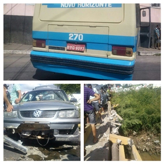 Brumado: Ônibus desce avenida desgovernado, colide em carro e só para ao colidir em uma farmácia 
