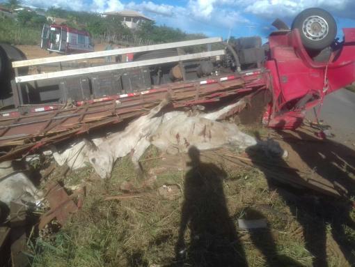 Brumado: caminhão boiadeiro tomba ao tentar desviar de motociclista que empinava moto na 'Curva dos 5'