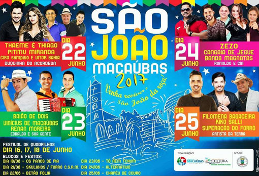 Macaúbas: festa de São João terá grandes atrações de 22 a 25 de junho