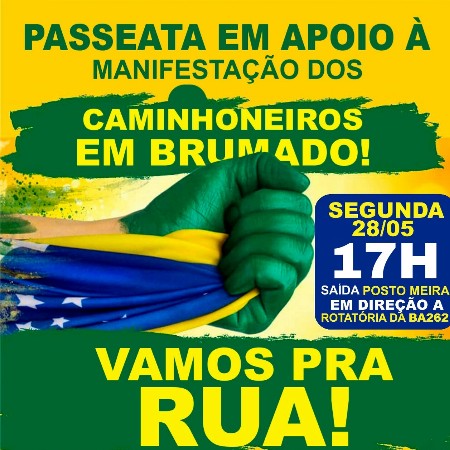 Brumado: passeata será realizada em apoio aos Caminhoneiros nesta segunda (27)