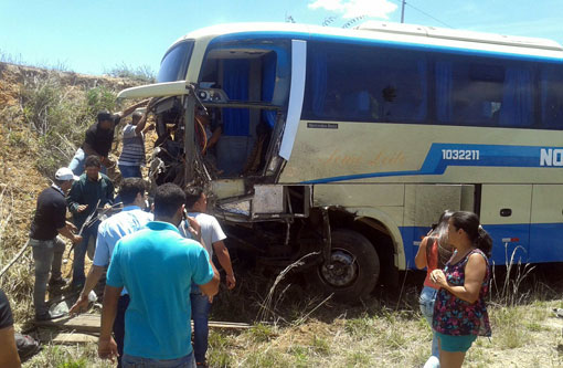 BA-262: Após ultrapassagem, ônibus da Novo Horizonte colide contra barranco e caminhão