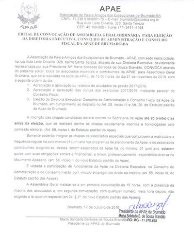 Brumado: Apae convoca associados  especiais e contribuintes  para assembleia geral ordinária