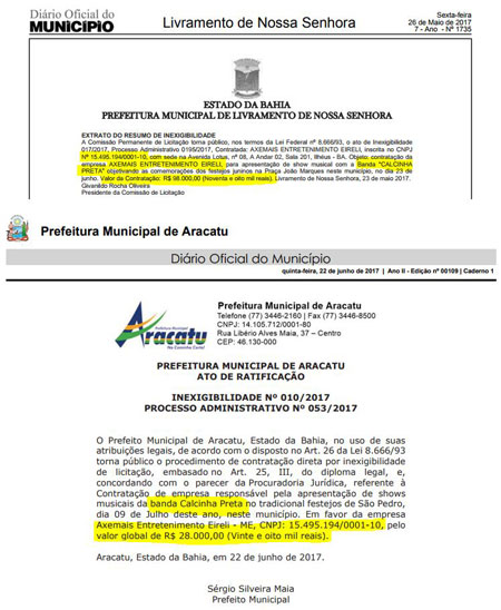 Prefeitura de Livramento contratou Banda Calcinha Preta por R$ 70 mil reais a mais que Aracatu