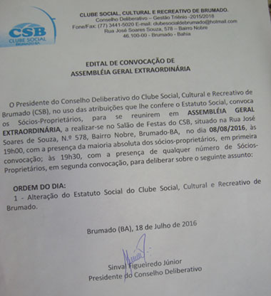 Clube Social de Brumado convoca sócios-proprietários para assembleia extraordinária