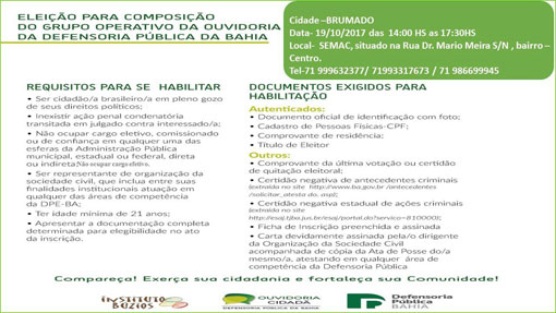 Audiência Pública escolherá representante do Grupo Operativo da Ouvidoria Cidadã da DPE-BA em Brumado