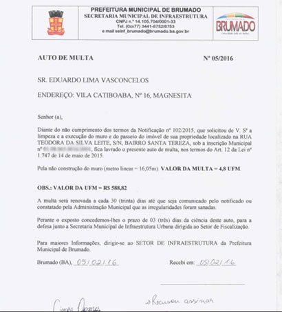  Ex-prefeito de Brumado, Eduardo Vasconcelos é multado por não murar terreno