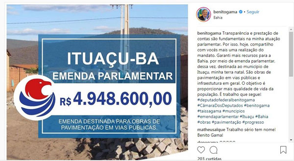 Ituaçu: Benito Gama divulga R$ 4,94 mi em emenda para o município, mas verba não consta nos dados