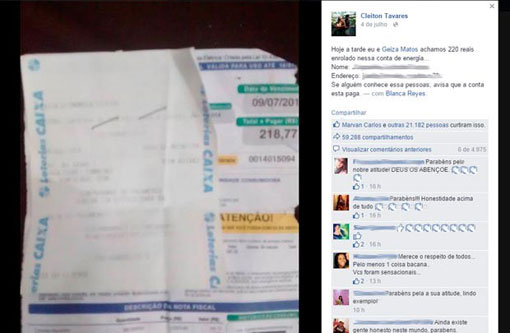 Casal encontra dinheiro enrolado a conta de luz e efetua pagamento