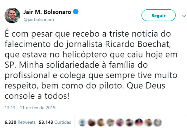 Bolsonaro lamenta morte de Boechat