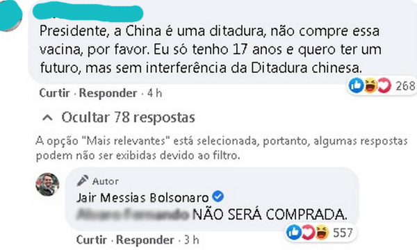 Covid-19: Bolsonaro diz que não comprará vacina Coronavac