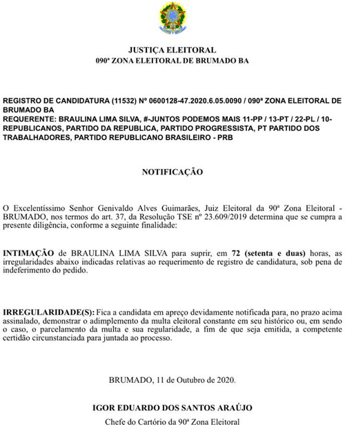 Aracatu: Braulina terá que comprovar que pagou multas eleitorais ou terá candidatura indeferida