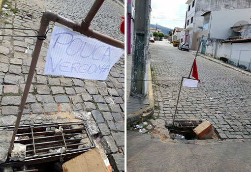 Brumado: cidadão faz protesto contra bueiro aberto no cruzamento da Avenida Guilherme Dias com a Travessa Moreira