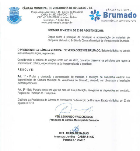 Câmara de Vereadores de Brumado - Portaria Nº Portaria nº 45/2018