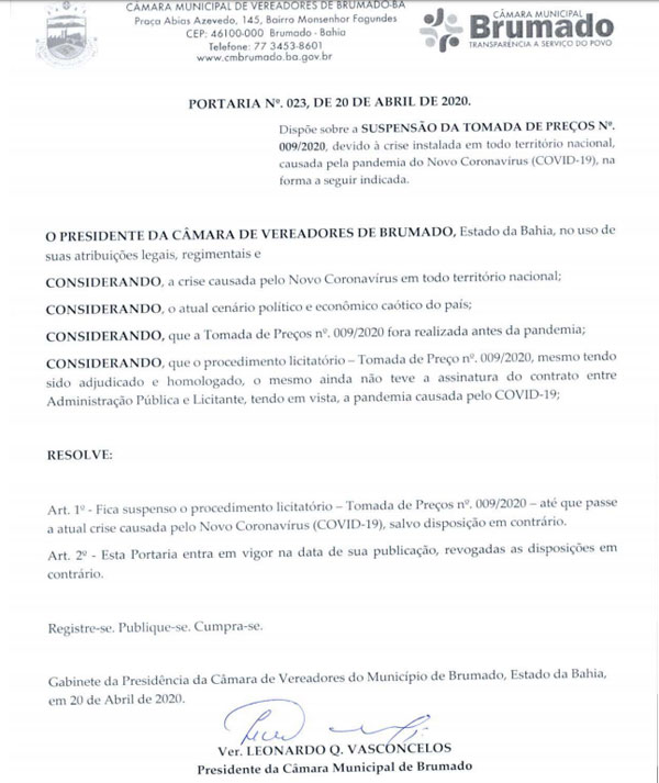Câmara Municipal de Brumado publica: Portaria Nº 023, de 20 de Abril de 2020