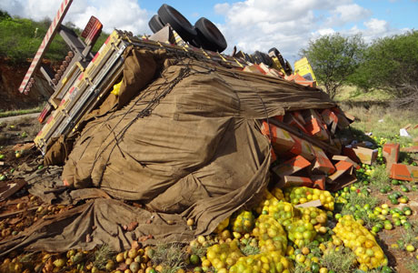 Brumado: Caminhão carregado de maracujá tomba na BR-030 próximo a fabrica de Cimento