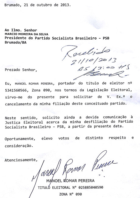 Brumado: Romar pede cancelamento de filiação do PSB, vereador deve ir para o Solidariedade