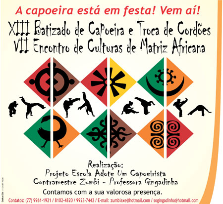Brumado: Projeto promove XIII Batizado de Capoeira e Troca de Cordões e o VII Encontro de Culturas de Matriz Africana