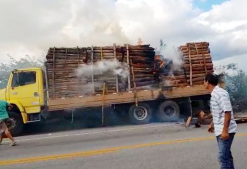 Carga de eucalipto transportada por caminhão pega fogo na BA-262