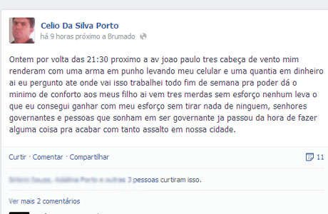 Violência: Brumadense é assaltado e desabafa no Facebook