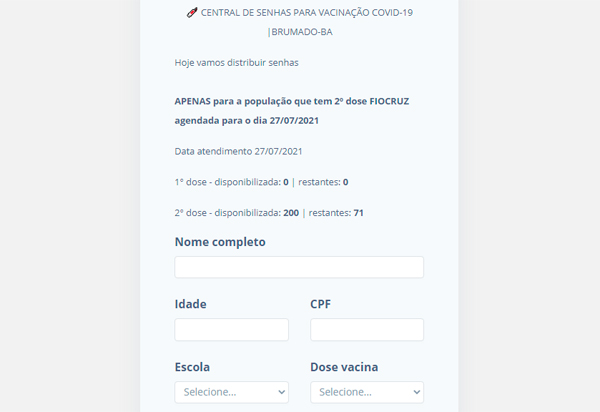 Covid-19: Senhas para vacinação poderão ser geradas através de página da web em Brumado