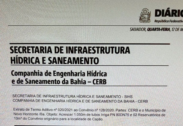 Publicado convênio para a ampliação de sistema de água em Novo Horizonte