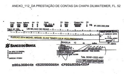 Cheque de R$ 1 milhão repassado para Michel Temer é investigado pelo TSE