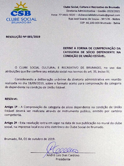 Clube Social e Recreativo de Brumado define forma de comprovação da categoria de Sócio Dependente na condição de união estável