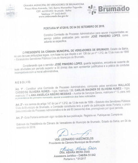 Câmara de Vereadores de Brumado - Portaria Nº 047/2018