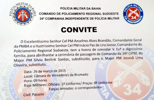 Brumado: Posse do novo comandante da 34ª CIPM acontece nesta quinta (26) na Câmara de Vereadores