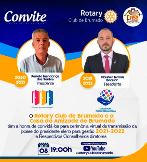 Rotary Club de Brumado realizará transmissão do Conselho Diretor da entidade e da Casa da Amizade
