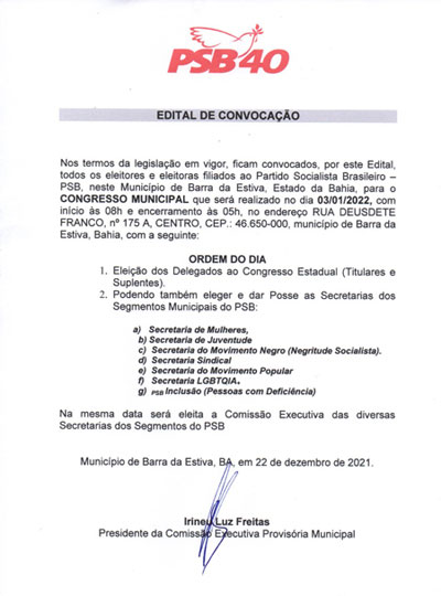 Barra da Estiva: PSB realizará Congresso Municipal