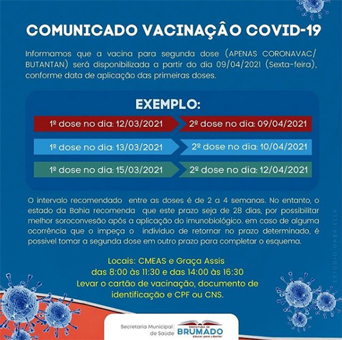 Brumado: Aplicação da 2ª dose de vacina contra Covid-19 acontece nesta sexta (09)