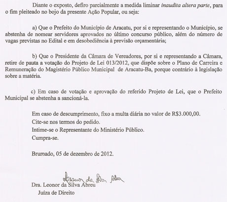 ARACATU: JUSTIÇA PROÍBE AUMENTO DE DESPESAS