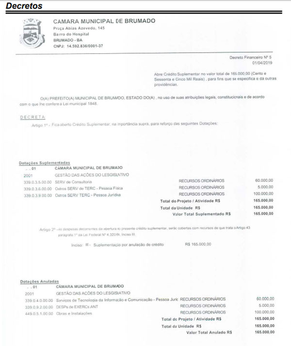Câmara de vereadores de brumado - Decreto Financeiro n° 5- 01/04/2019