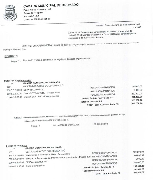 Câmara de Vereadores de Brumado - Republicação com Correção – Decreto Financeiro Nº 5 de 1 de Abril de 2019 Lei 1848