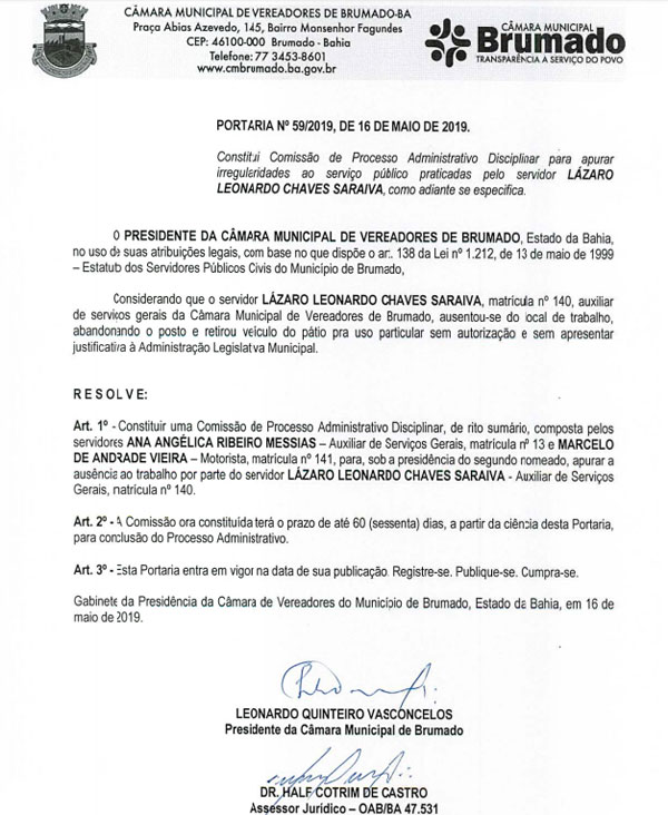 Câmara de vereadores de Brumado - Portaria Nº 59/2019