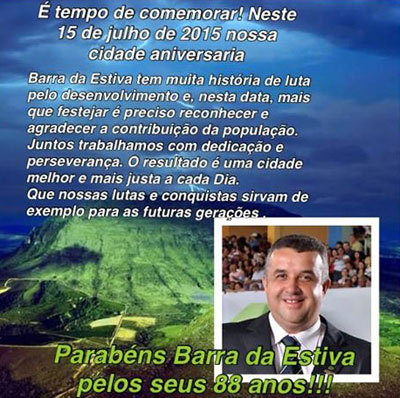 Prefeito Dinho parabeniza Barra da Estiva pelos seus 88 anos de Emancipação Política