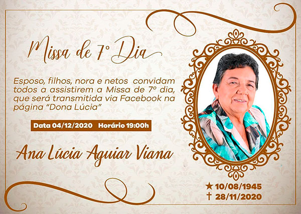Missa de 7º dia  de Dona Lúcia acontece nesta sexta (04)