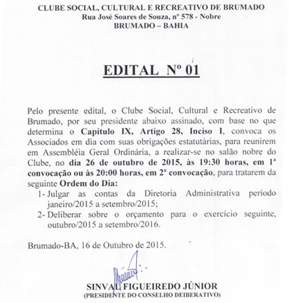 Clube Social de Brumado divulga Edital Nº 1