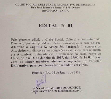 Clube Social de Brumado convoca os associados para eleger membros efetivos e suplentes do conselho deliberativo
