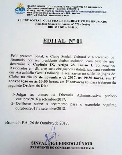 Brumado: Clube Social convoca associados para assembleia geral ordinária nesta quinta (09)