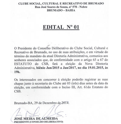 O Clube Social de Brumado lança edital nº 01