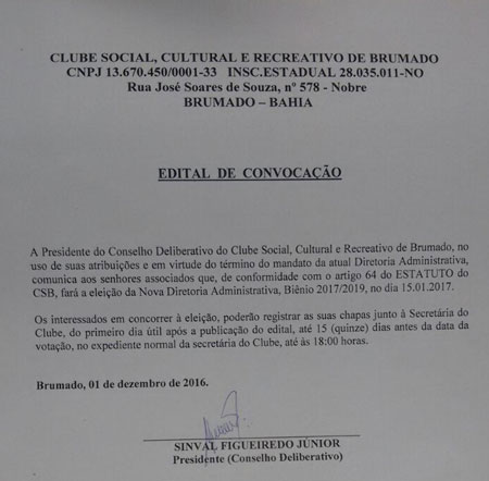 Eleições diretas para diretoria administrativa do Clube Social de Brumado acontece neste domingo (15)