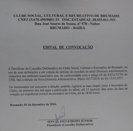 Eleições diretas para diretoria administrativa do Clube Social de Brumado acontece neste domingo (15)