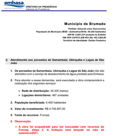Ubiraçaba terá água após liberação da obra pela Embasa fruto do empenho do vereador Léo Vasconcelos, prefeito Eduardo e Vitor Bonfim