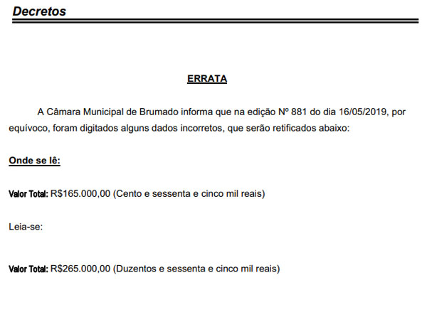 Câmara de Vereadores de Brumado - Republicação com Correção – Decreto Financeiro Nº 5 de 1 de Abril de 2019 Lei 1848