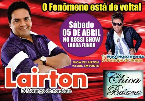 Brumado: Dia 05 de abril tem Lairton no Rossi Show