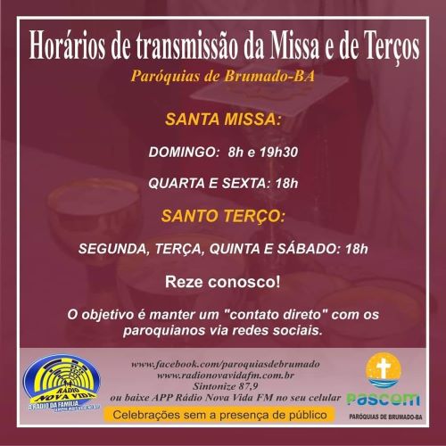 Brumado: confira os horários de transmissão da Missa e  Terços