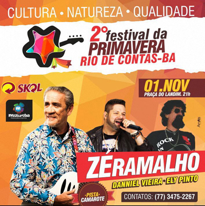 Dia 1º de novembro tem o 2º Festival da Primavera em Rio de Contas com Zé Ramalho